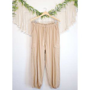 Aerie Neutral Beige Linen Blend Pull On Jogger Cargo Relaxed Pants, Size Large